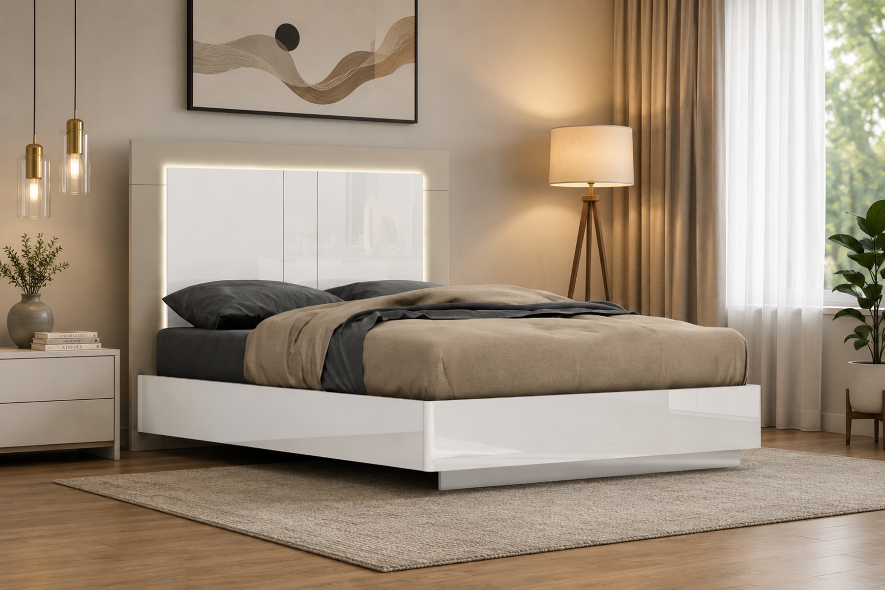 Lit pour adultes K-Living Harvey (format King Size) – Blanc et gris flanelle avec éclairage LED