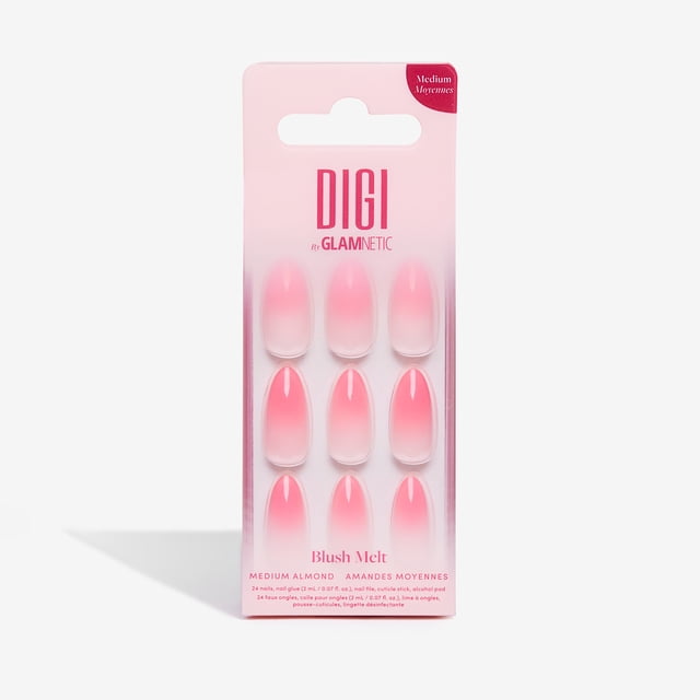 Digi by Glamnetic Blush Melt Press-On Nails in medium almond shape featuring a pink ombré gradient from soft blush to bubblegum pink, displayed in packaging with 9 nails visible, including nail glue, file, cuticle stick, and alcohol wipe for easy application and durable wear.