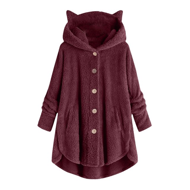 WEIYLL Veste en Molleton pour Femme Velours à Capuche Oreilles de Chat Patchwork Uni à Boutons Peluche Bordeaux Hauts d'Automne Taille TG