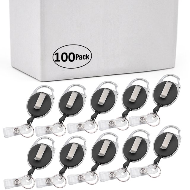 Officeship 100PCS Packed Retractable Badge Reel Carabiner ID Name Tag-Black With Back Splint