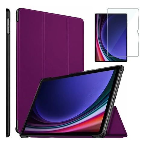 SuperShield Folio Case for Samsung Galaxy Tab S10 Ultra, Tab S9 Ultra, and Tab S8 Ultra 14.6-inch tablets in purple. Features a slim, lightweight design with a trifold stand for versatile viewing angles. Includes a screen protector and offers full corner protection with a soft TPU back shell and PU leather exterior. Built-in magnetic strip enables auto wake/sleep functionality.