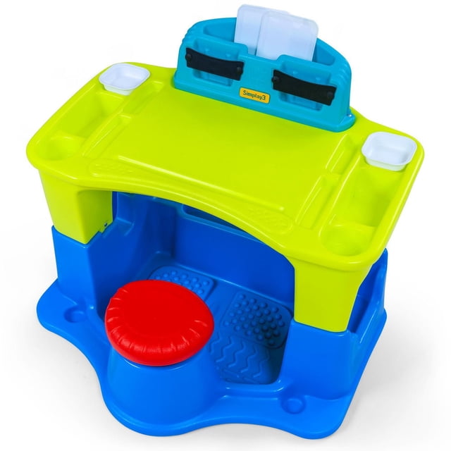 Simplay3 Creative Kids Bureau d'Art avec un Plateau Jaune-Vert et une base Bleue, Doté d'Un Siège Pivotant Rouge à Oscillation, d'Un Coussin Sensoriel Texturé pour les Pieds, de Compartiments d'Approvisionnement Intégrés, et d'Un Organisateur Bleu Tenant Deux palettes Blanches, Conçu pour la Position Assise active et le Jeu Créatif.