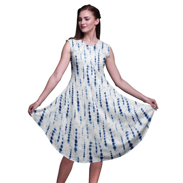 Bimba Robe Débardeur d'Été Décontractée Sans Manches pour Femmes, Longueur Genou, Imprimé Bleu Shibori - Medium