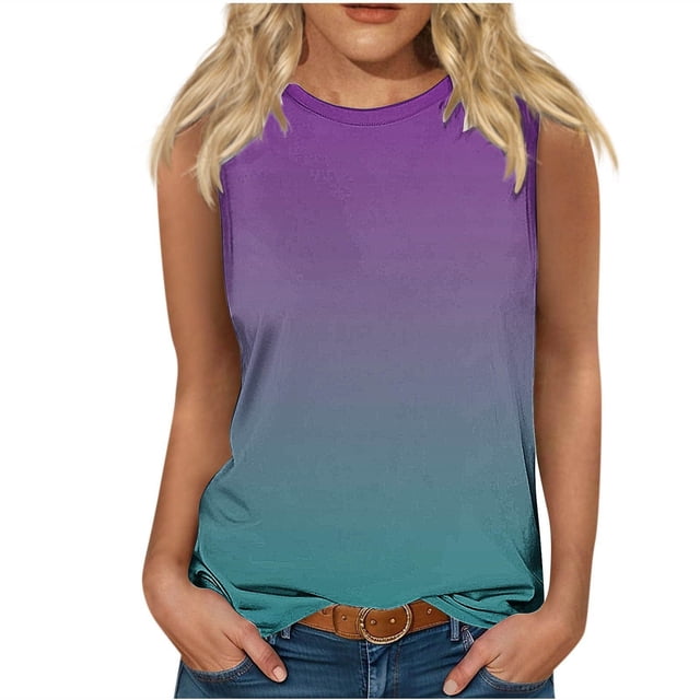 Plebaso Débardeurs pour Femmes 2025 Sans Manches Col Rond T-Shirts Décontractés Imprimé Dégradé Blouses d'Été