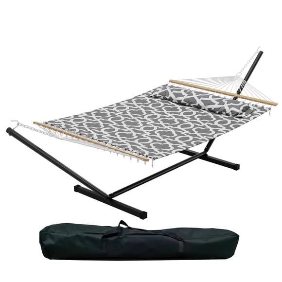 HELLONE Double Hammock with Stand, 2-Person Heavy Duty Steel Frame Outdoor Patio Backyard Garden Camping Portable Folding Hammock Bed with Pillow & Carry Bag, 450LBS Capacity, Multiple Colors