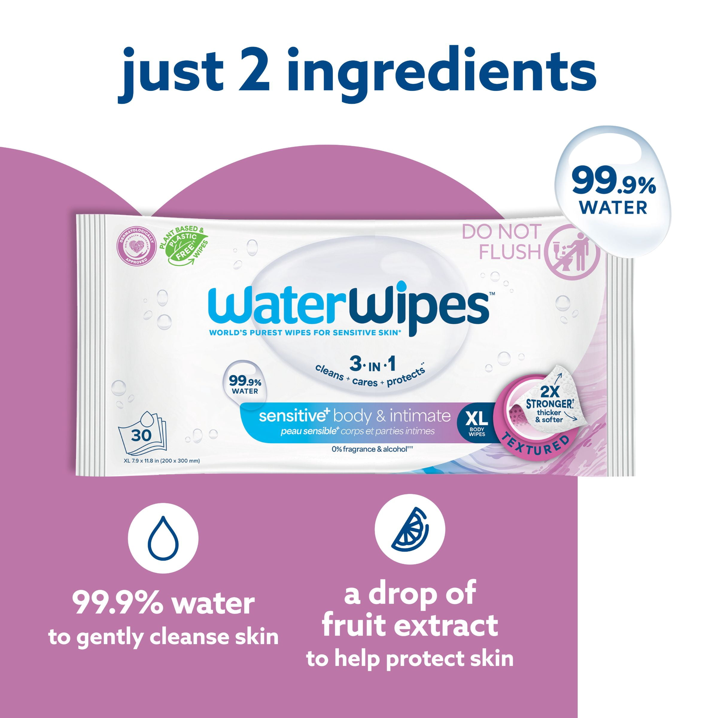 WaterWipes Sensitive Lingettes pour le Corps et les Parties Intimes,  99,9 % d'Eau, Lingettes Humides d'Hygiène Sans Parfum & Hypoallergéniques, Soins pour Adultes
