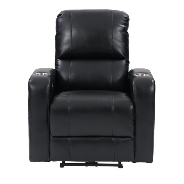 CorLiving Ophelia PU Fabric Upholstered Indoor Power Recliner Chair with Cup Holder and USB Port in black faux leather, front view featuring padded high back with lumbar support, cushioned seat, wide armrests with built-in cup holders, USB charging port, and electric recline control, ideal for living room seating and home theatre comfort.