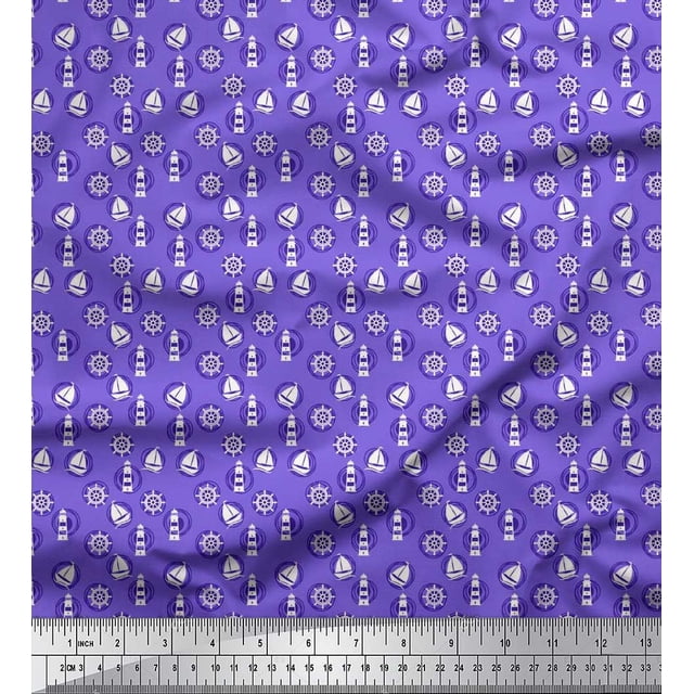 Soimoi Silk Fabric Lighthouse,Ship Wheel & Sailboat Shirting Decor Fabric Printed Yard 42 Inch Wide