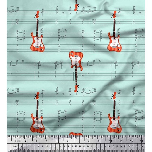 Soimoi Green polyester Crepe Fabric Notes & Guitar Musical Instrument Print Fabric by Yard 52 Inch Wide