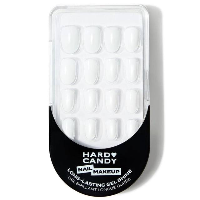 Hard Candy Nail Makeup press-on false nails in a clear plastic tray with a black base, featuring 24 white reusable nails with a glossy gel shine finish, suitable for nail care and long-lasting wear up to 14 days.