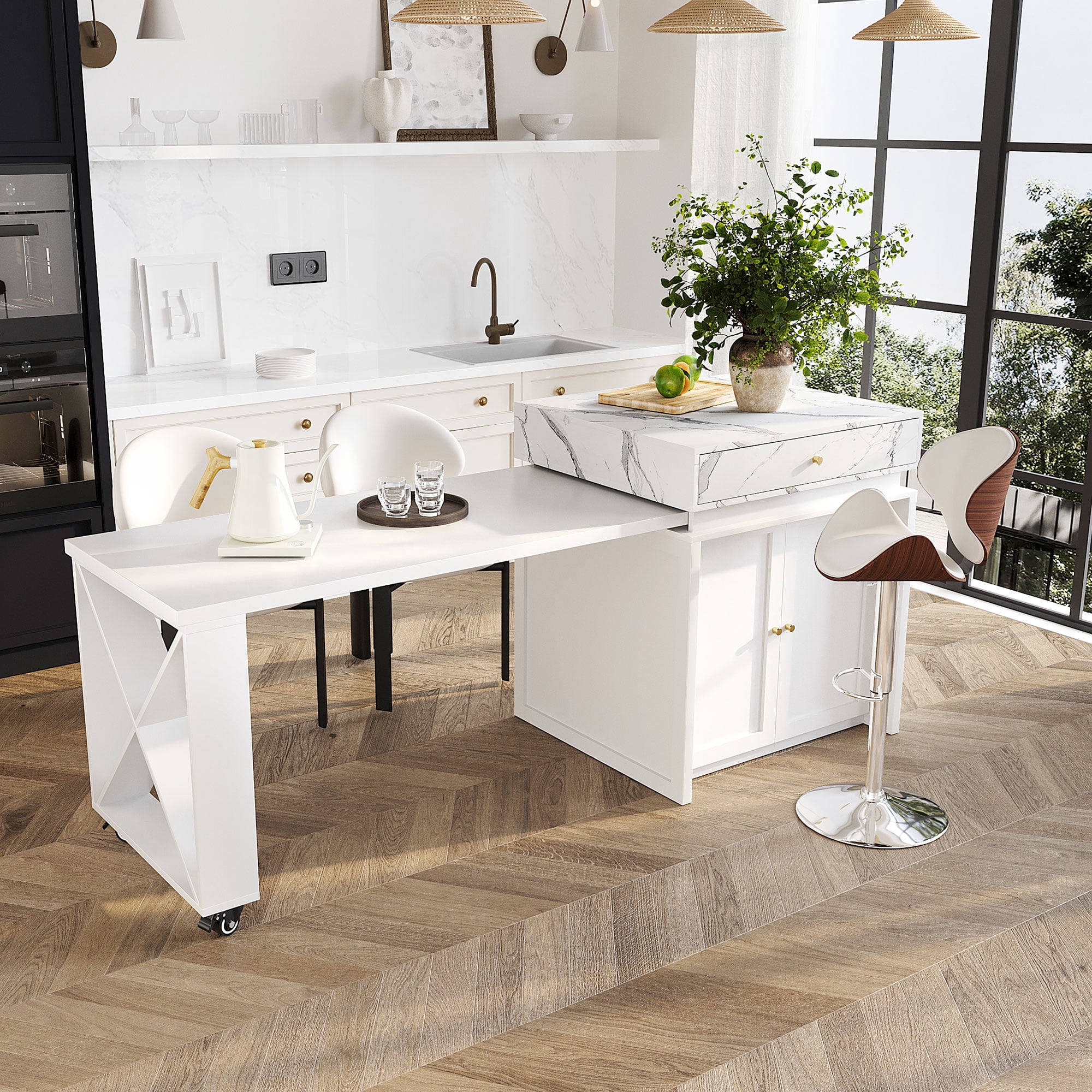 Table haute de comptoir Noble House, îlot de cuisine extensible en imitation marbre, blanc