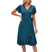 Cocktail Dress for Women Wrap V Neck Semi Formal Ruffle Midi Dress Short Sleeve Tie Waisted Summer Dress for Women