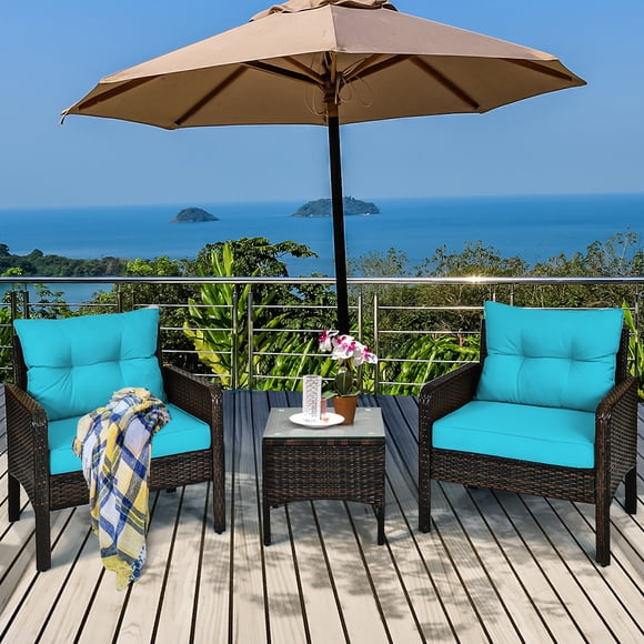 Costway Ensemble de Conversation en Rotin d'Extérieur 3 Pcs pour Patio et Jardin, Canapé et Fauteuil Rembourrés, Turquoise