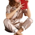 thumbnail image 2 of Ensemble de Pyjama d'Été en Satin pour Femme, Haut à Manches Courtes à Col à Revers + Pantalon à Taille Élastique, 2 Pcs, Tenue d'Intérieur, 2 of 5