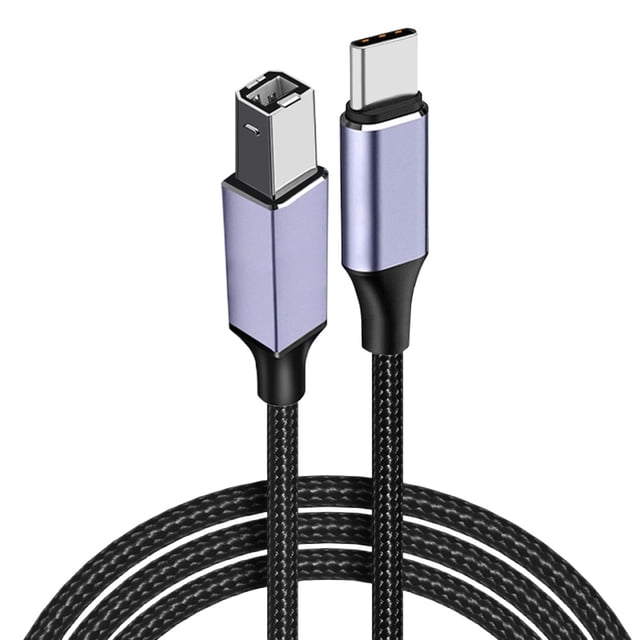 USB C Printer Cable 3ft in gray with nylon braided design, featuring USB-C to USB-B connectors for high-speed data transfer up to 480 Mbps. Compatible with USB 2.0 Type B devices such as MacBook Pro/Air, digital piano MIDI controllers, HP, Epson, Canon, Brother, and Lexmark printers and scanners. Constructed with corrosion-resistant, gold-plated connectors and triple shielding for stable and clear printing performance.
