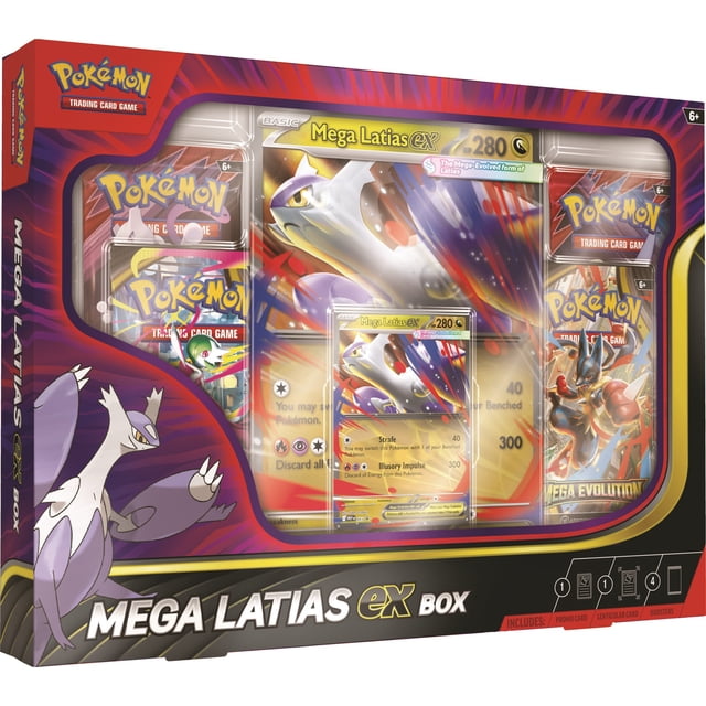 Pokemon TCG: Mega Latias ex Box containing a foil promo card and an oversize lenticular card of Mega Latias ex with 280 HP, alongside four Pokémon trading card game booster packs in purple and red packaging, suitable for collectors and players.