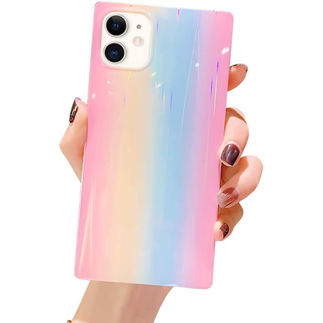 Compatible avec Étui pour iPhone, Étui Carré Coloré Scintillant Bling Arc-en-Ciel en Silicone Souple, Housse Protectrice Antichoc, Design Iridescent Mode pour Filles Femmes (iPhone 11, Rose)