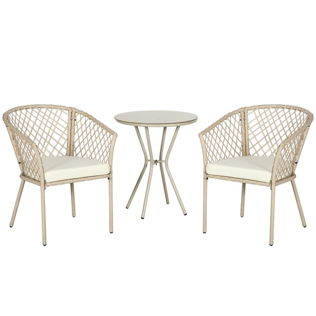 Outsunny 3 Pieces Wicker Patio Furniture w/ Soft Cushions, Glass Table front-facing view of a Mix-Khaki PE rattan bistro patio set with two woven wicker chairs and a round tempered-glass table; beige polyester seat cushions, powder-coated steel frames, seat height 16.5" (42 cm); suitable for patios, balconies and small terraces.