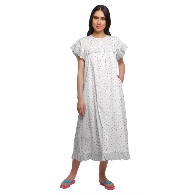 Moomaya Chemise de Nuit Imprimée pour Femme Mi-Mollet en Coton à Manches Courtes