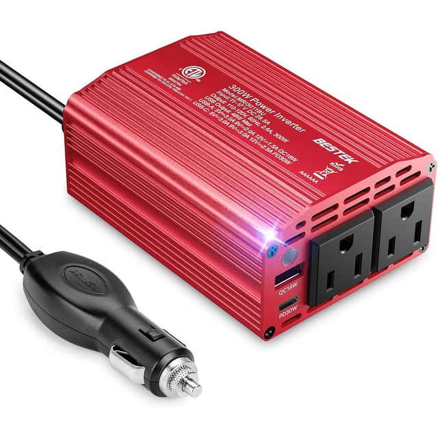 BESTEK 300W Car Power Inverter with 30W PD USB C and QC3.0 Quick Charging, featuring a red metal housing with two AC outlets, two USB ports, and a cigarette lighter plug. Designed for converting DC 12V to 110V AC, it is compact and ideal for road trips, camping, and outdoor use. Includes multi-protection features such as overheating and short-circuit prevention.