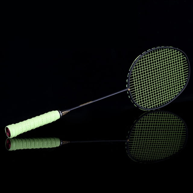 CAROOTU Graphite Single Badminton Racquet Professional Carbon Fiber Badminton Racket with Carrying Bag. The racquet features a lightweight carbon fiber frame and shaft, weighing 75 grams unstrung. It has a solid one-piece design with a built-in T-joint for enhanced stability and high-precision control. The isometric square head shape and nanometer material allow it to endure string tension up to 30 pounds. The green non-slip handle grip ensures comfort and control, while the cone cover design improves flexibility. Includes a carrying bag, hand gel, and string.