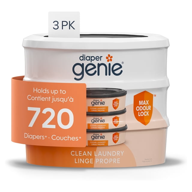 Diaper Genie Round Odour Lock Diaper Pail Refills, Clean Laundry Scent, 3 Pack
