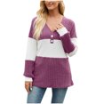 thumbnail image 1 of Lenpel Women's Tunic Tops Long Sleeve V Neck Quarter Button Color Block Ribbed Knit T Shirts Casual Loose Lightweight Sweaters(Purple,Small), 1 of 7