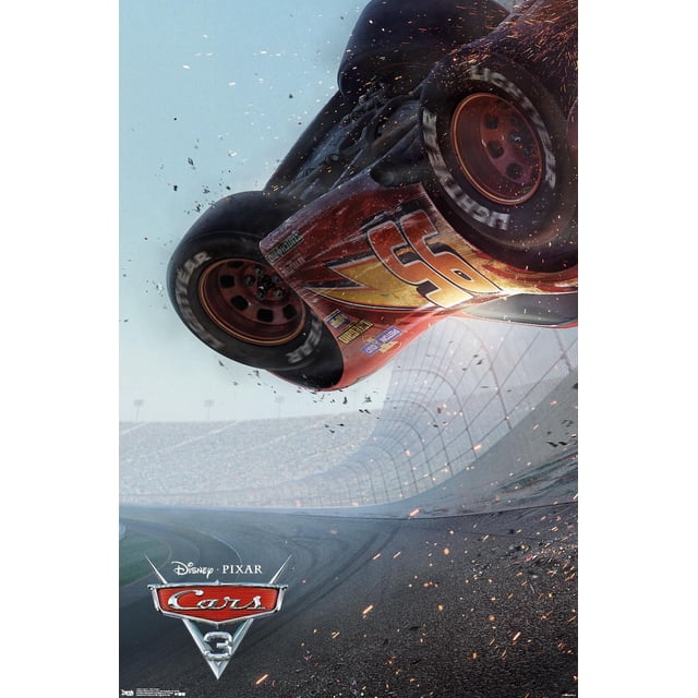 Disney Pixar Les Bagnoles 3 - Affiche Murale d'Une Feuille, 22,375 Po x 34 Po Mettant en Vedette la Voiture de Course Rouge Numéro 95 Qui Se Retourne en Vol sur un Piste de Course avec des Étincelles et des Débris en Vol, sur Fond de Piste Incurvée, Idéale comme art Mural vibrant et Déco de Pièce pour les Espaces pour Enfants.