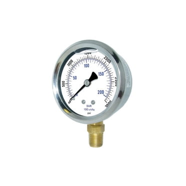 PIC Gauges 201L-404P Bottom Mount Glycerine Filled Pressure Gauge w/ SS Case, Brass Internals, SS Bezel, PC Lens, 4" Dial, 0/3000 psi Range, 1/4" Male NPT