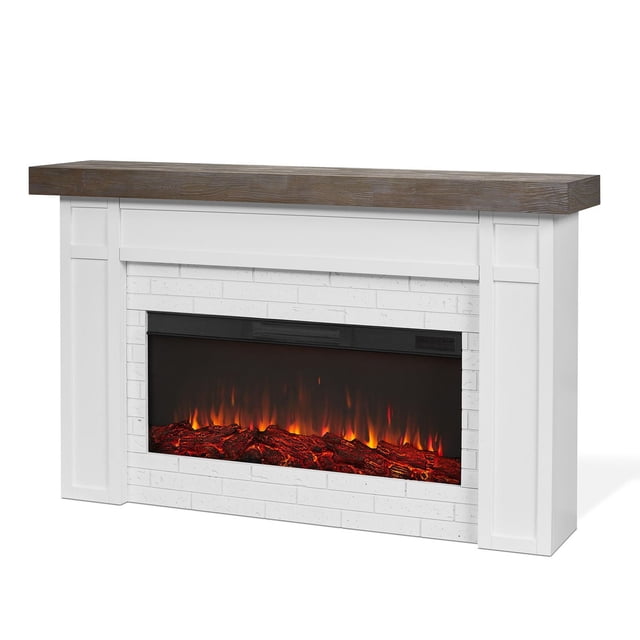 Cravenhall 64" Landscape Electric Fireplace in white with a faux white brick surround and rustic wood mantel, featuring a widescreen electric firebox with glowing orange and red LED flames over realistic logs, providing supplemental heat for rooms up to 1000 sq ft and heatless flame ambiance year-round.