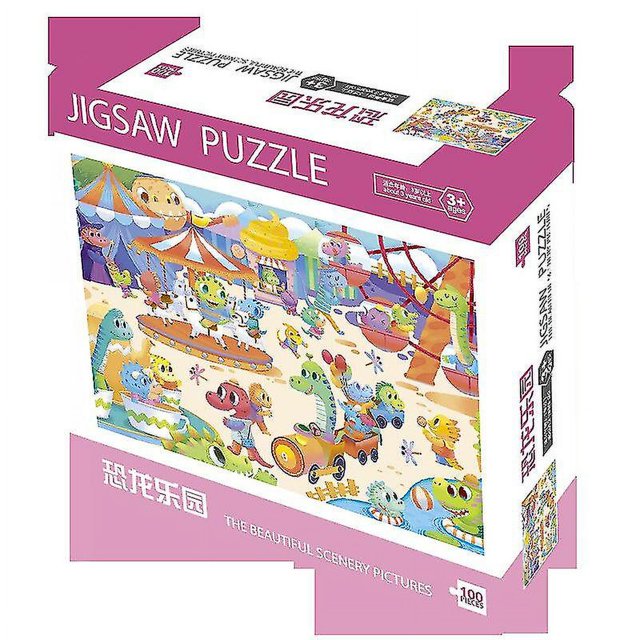 100 Pieces Jigsaw Puzzles Large Size Toy Games Gift (15 X10 Inches) featuring a colourful cartoon amusement park scene with various animals enjoying rides and activities. The puzzle measures 15 x 10 inches (381 x 254 cm) when completed and is made from eco-friendly cardboard. The back of the puzzle pieces is blank, allowing for personalized messages. Suitable for children aged 3 and up, it promotes creativity and relaxation.