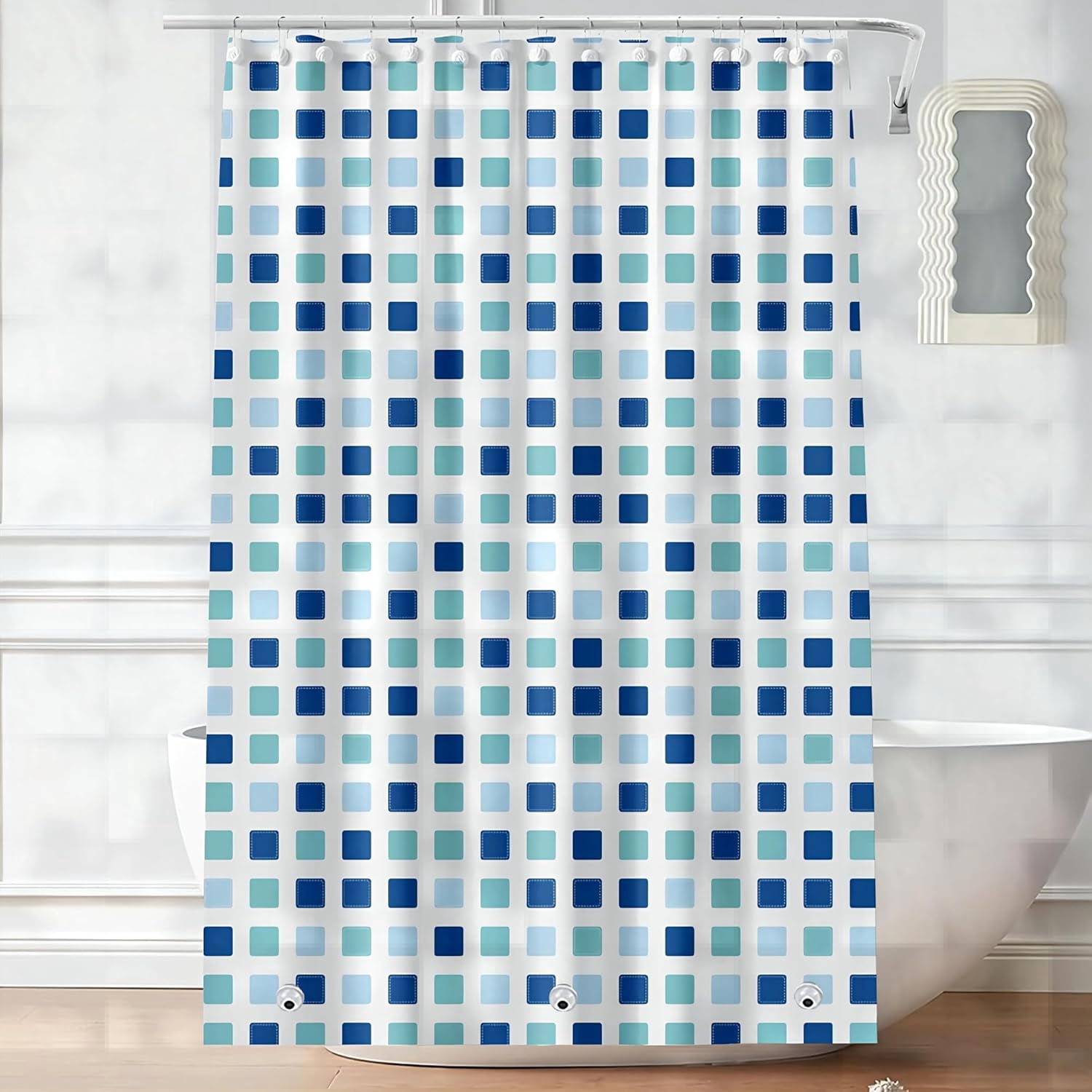 Plastic Shower Liner - Premium PEVA Shower Curtain Liner with Rustproof Grommets, Waterproof Shower Curtains for Bathroom (Blue-Green Square, 71" x 71")