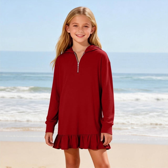 NTACZA Robe Fille à Capuche Mignonne à Manches Longues Robe Chandail Droite Ourlet à Volants Fermeture à Glissière 1/4 Robe Mini pour Fille 4 Ans