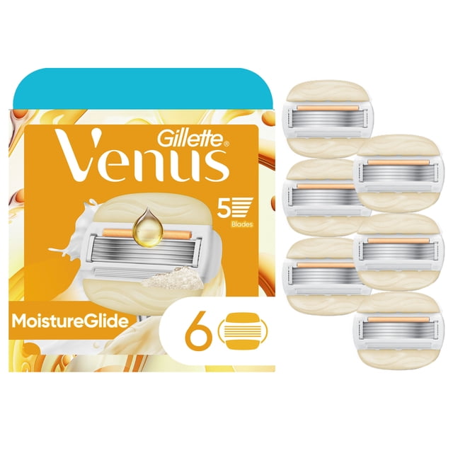Venus MoistureGlide Women's Razor Blades pack containing six 5-blade refills with built-in moisturizing shave gel bars enriched with argan oil for dry skin, designed to provide smooth glide and reduce irritation, compatible with all Venus refillable handles except Simply Venus and pubic hair models.