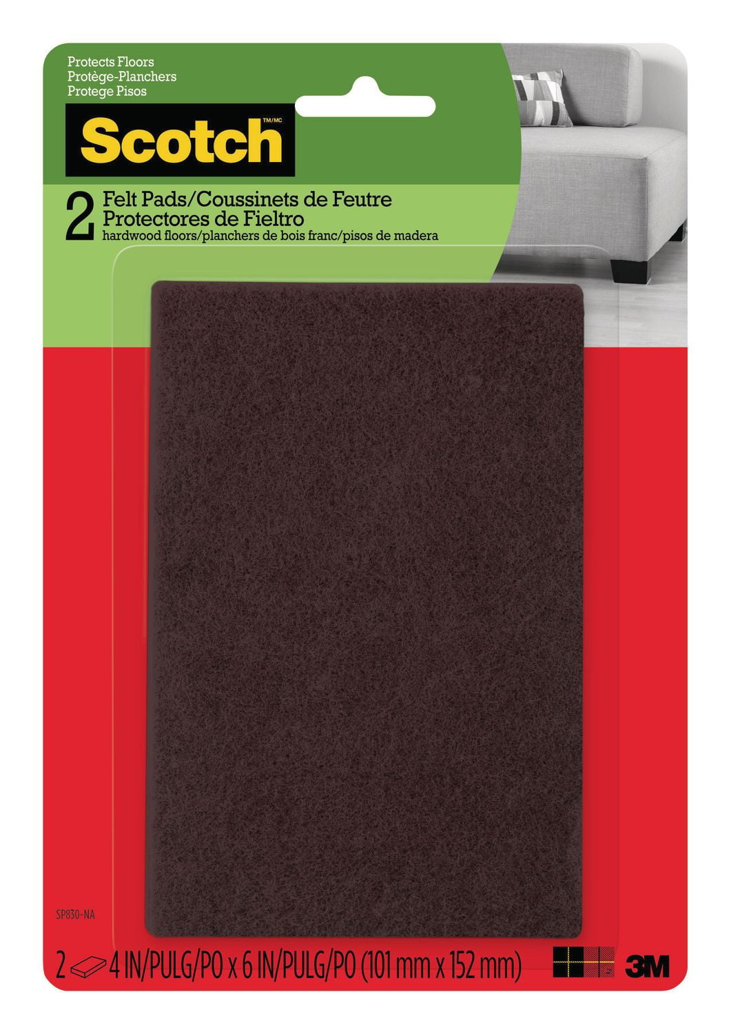Coussinets de feutre faciles à découper Scotch(MC), SP830-NA, bruns, 10,16 cm x 15,24 cm (4 po x 6 po), 2/paquet