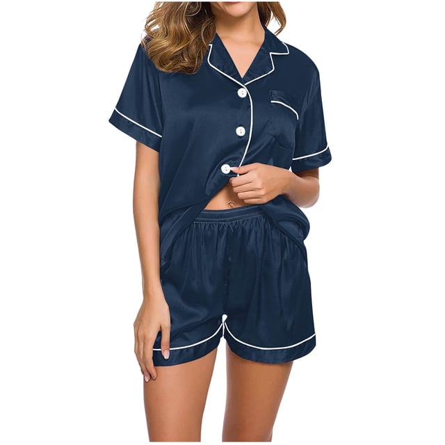 Besolor Pyjama d'Été pour Femme, Tenue de Nuit Décontractée à Manches Courtes, Chemise Boutonnée avec et Ensembles, Tenue de Détente, Pjs
