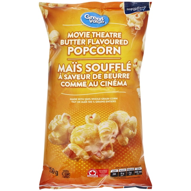 Great Value Movie Theatre Butter Flavoured Popcorn in orange bag with English and French text, featuring popped popcorn kernels. Made with 100% whole grain corn, a source of fibre, and certified kosher. Suitable for savoury snacking and movie nights.