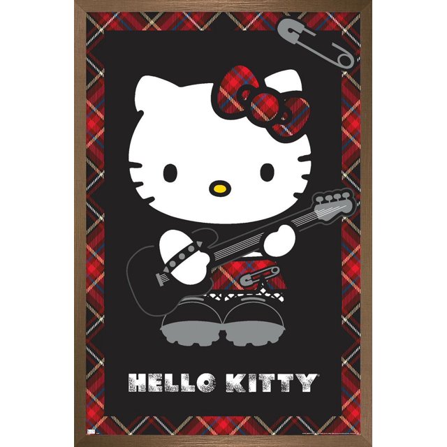 Hello Kitty - Punk Wall Poster, 22.375" x 34", featuring Hello Kitty holding a black electric guitar, wearing a red and black plaid bow and skirt with gray boots and a safety pin detail, set against a black background with a red plaid border and white distressed Hello Kitty text at the bottom. Ideal for decorating bedrooms, dorms, or offices.