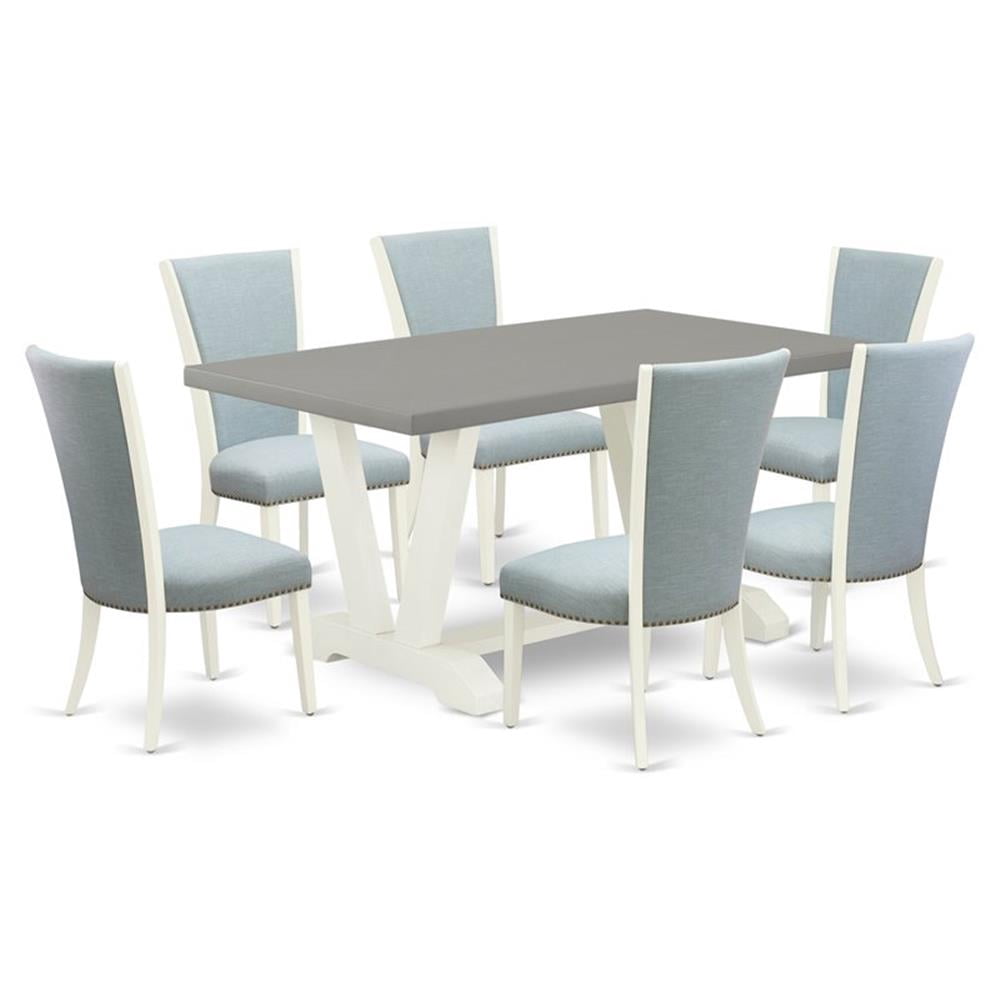 Pemberly Row 7-Piece Dining Room Set in Linen White with Baby Blue Chairs