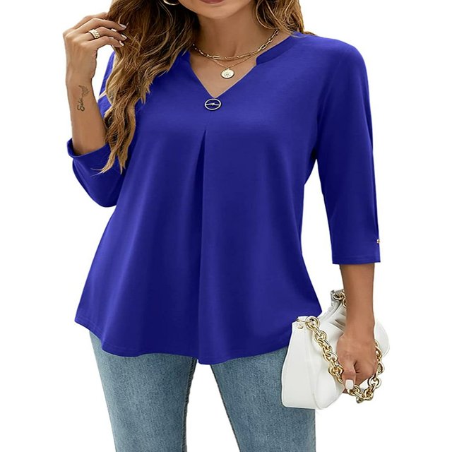 Blouses à Manches 3/4 Col en V pour Femmes Chemise Boutonnée Printemps Ample Décontractée Mode Urbaine