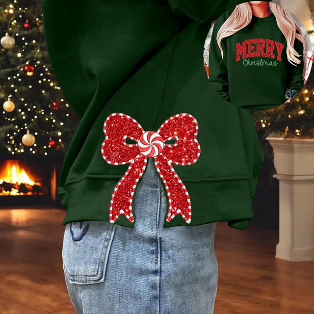 Chandails en Molleton de Noël pour Femmes avec Nœud Latéral Appliqué Chandail en Molleton Oversize Chandails en Molleton Col Rond Manches Longues Chandail Top Chandail en Molleton Sans Capuche pour Femmes