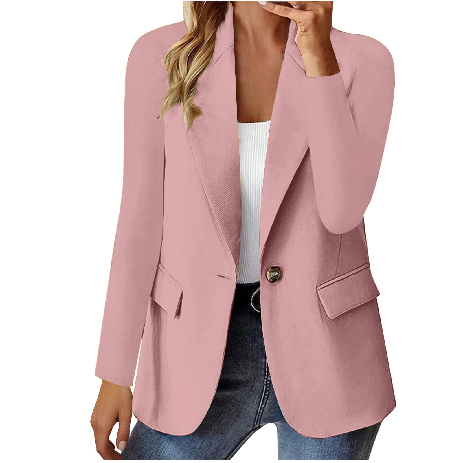 Grrvtrz Womens One Button Blazer Lightweight Office Work Suit Jacket Stretch Lapel Collar Long Sleeve Jacket with Pockets