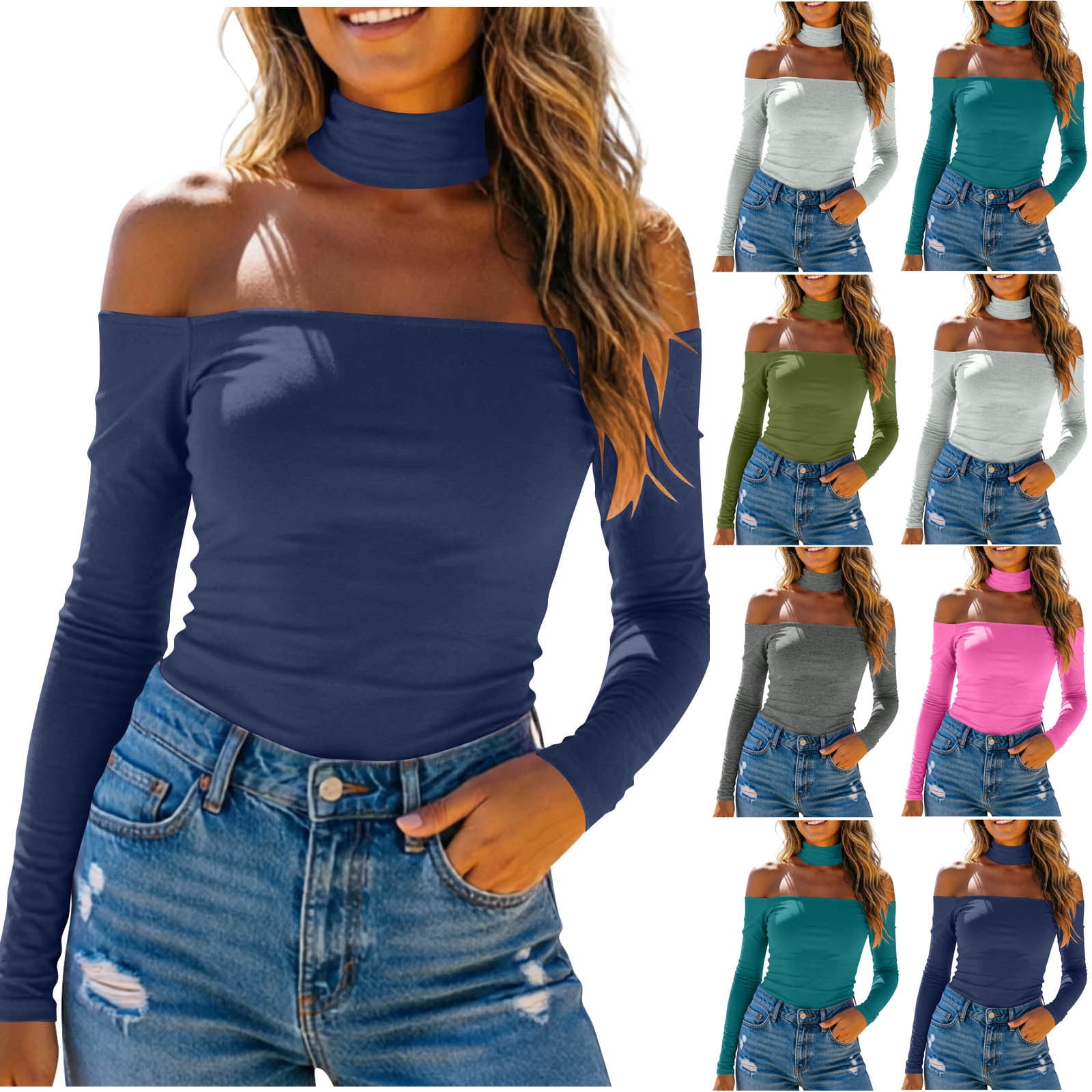 Jovati Off-The-Shoulder Long Sleeve Blouse for Women, Choker Neck