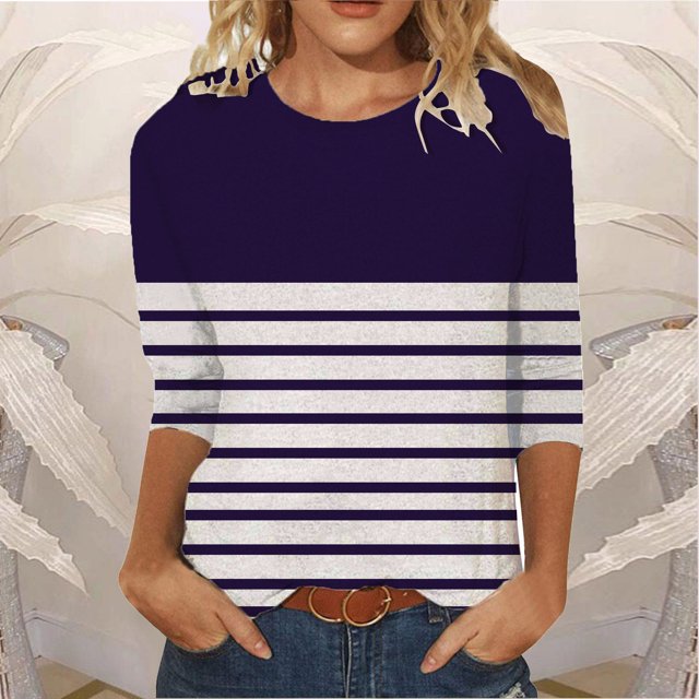 Meichang Chemises à Manches 3/4 pour Femmes, Hauts Tendance à Blocs de Couleur Rayés, Col Rond, T-Shirts Décontractés, Chemises Coupe Ample, Blouses de Travail Confortables, Chandail, Mode 2024