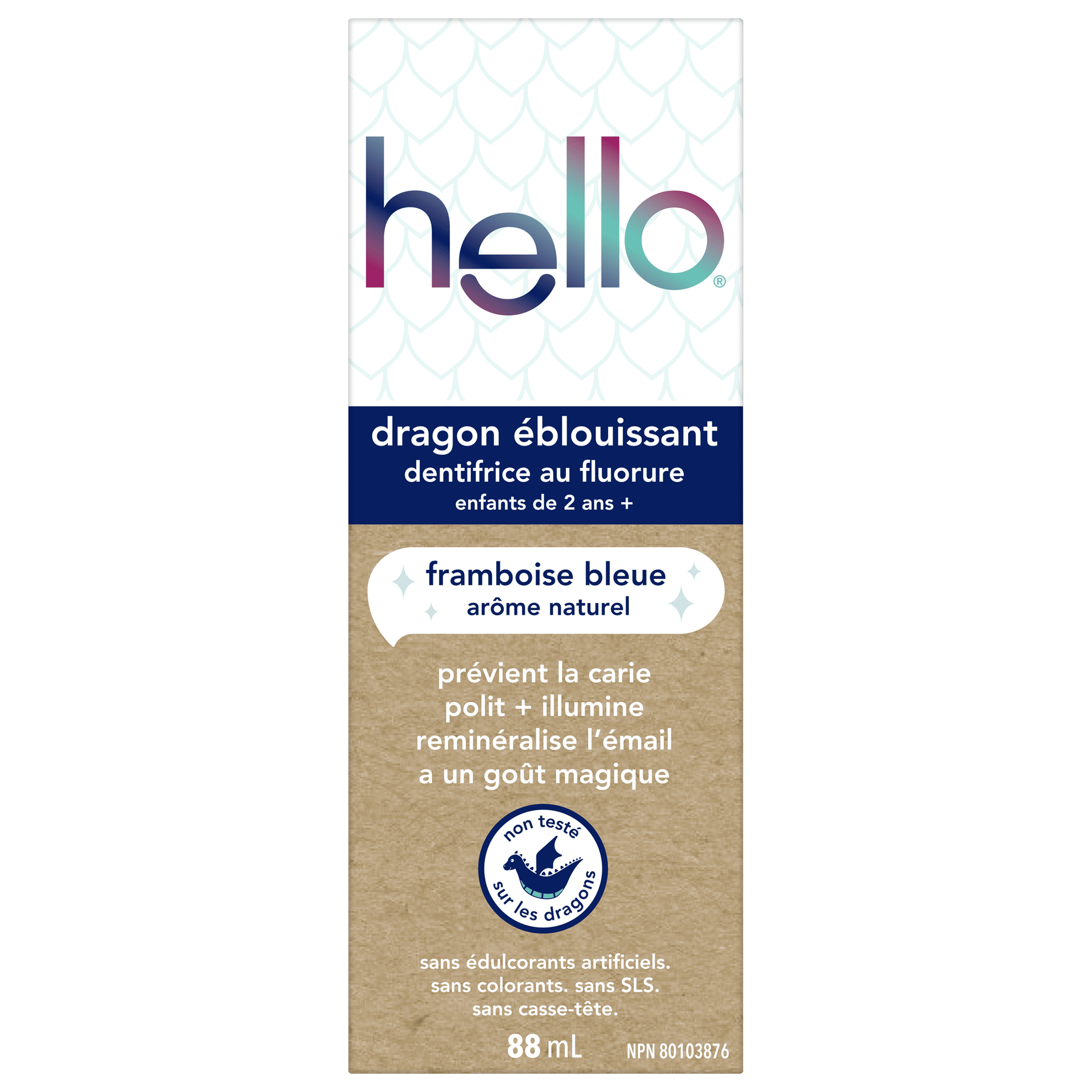 Dentifrice pour enfants Hello Dragon Dazzle au fluorure, dentifrice à la framboise bleue, tube de 199 g