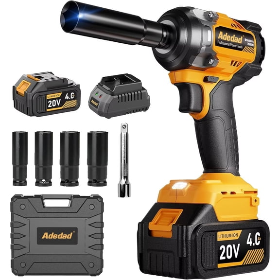 Adedad 1/2 inch Brushless Impact Wrench 800N.m(590Ft-lbs) 20V High Torque Impact Gun with 4.0AH Battery and Fast Charger Cordless Impact Driver for Car,Construction,Building,DIY