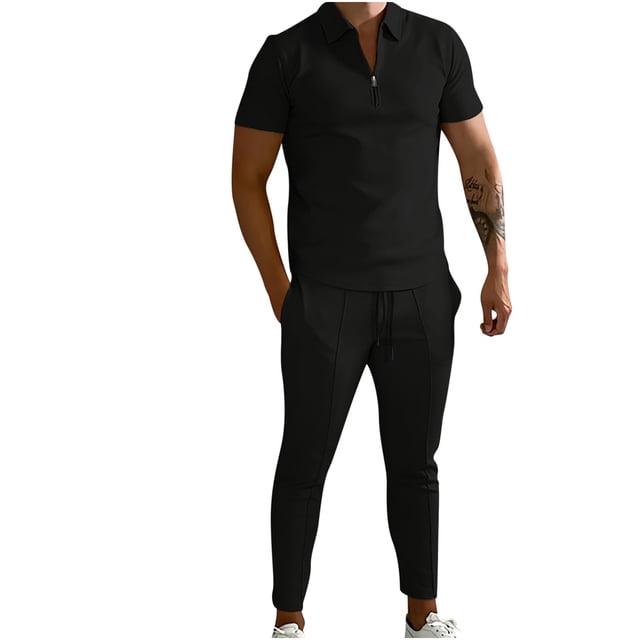 Birdeem Ensemble de Sport Décontracté pour Homme, Uni, Mode, Col Rabattu, Chandail à Enfiler, Manches Courtes, Pantalon, Survêtement Deux Pièces