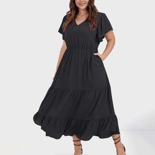 zanvin Robes d'Été pour Femmes Grande Taille Fête Boho Maxi Longue Robe Portefeuille Col en V Manches Courtes Ourlet à Volants Robe pour Invitée de Mariage Tenue Élégante,Noir