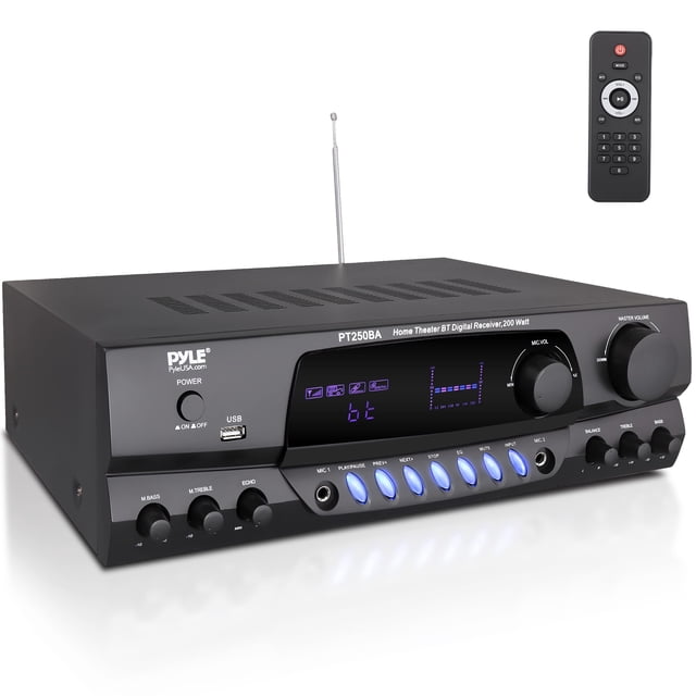Pyle Wireless Bluetooth Power Amplifier System, 200 Watt Max, Home Theater Audio Stereo Receiver Box with FM/USB, Mic in, RCA Inputs, Echo & 2-Band E