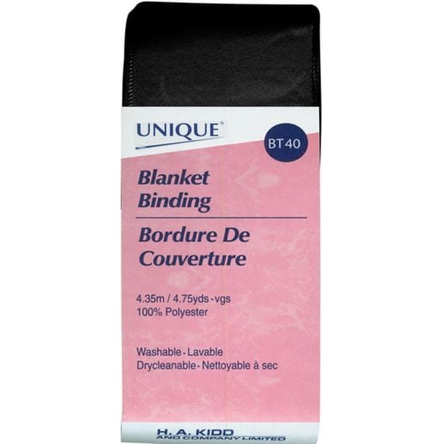 UNIQUE Blanket Binding black satin polyester trim, 52mm wide and 4.35m long, shown in folded packaging with bilingual label indicating washable, dry cleanable, and 100% polyester, suitable for finishing handmade blankets, quilts, and fabric projects.